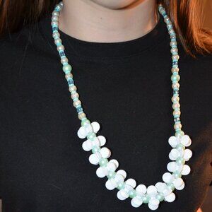 Necklace White & Blue Beads Acrylic Glass Plastic Rubber HomeMade Stretchy 12.5